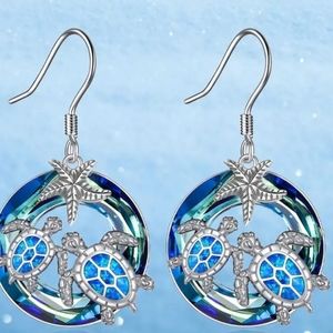 SILVER CRYSTAL SEA TURTLE DANGLE EARRINGS 1 1/2 IN